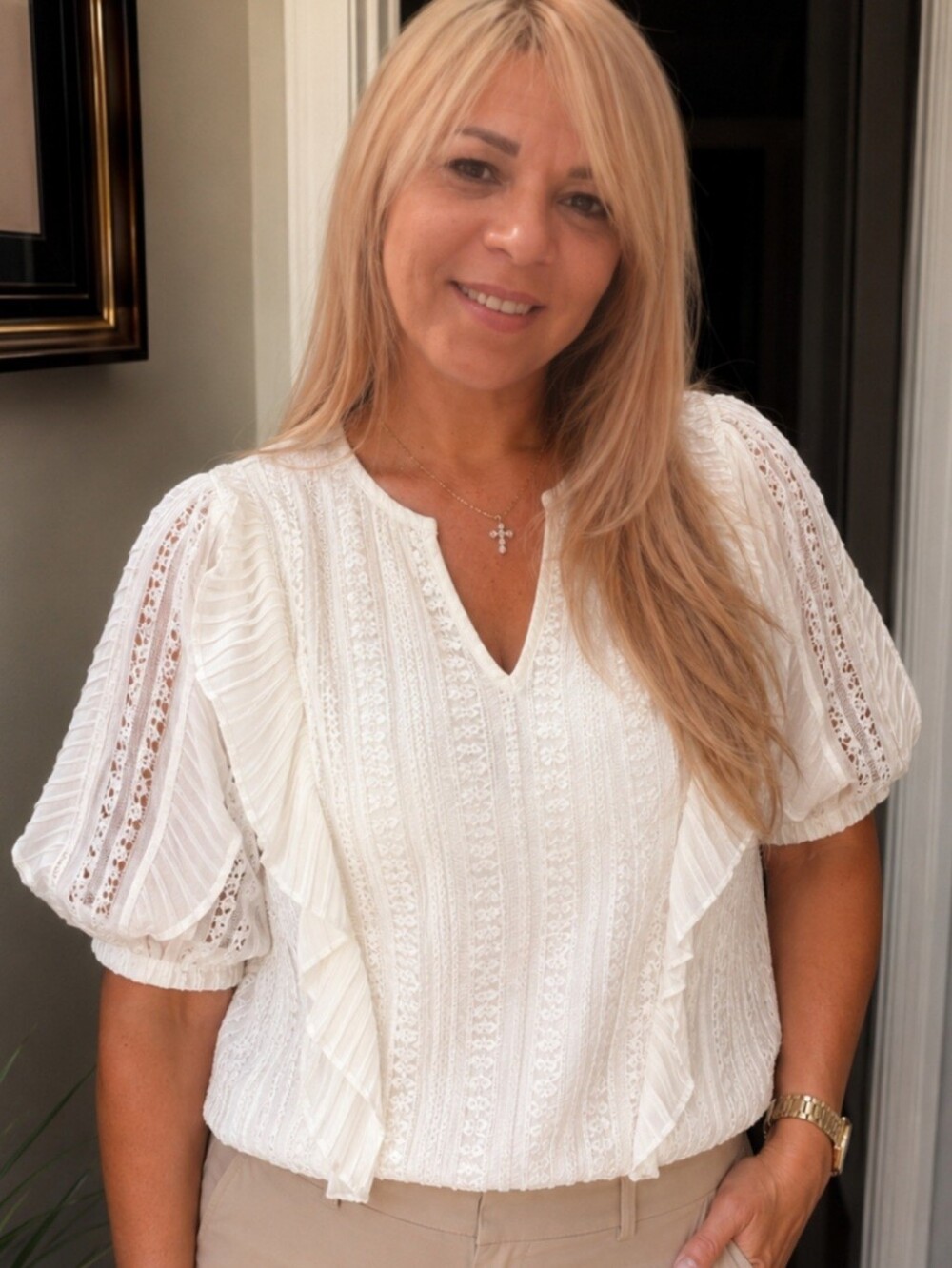 Chelsea28 White Lace-Trim V-Neck Peasant Blouse
